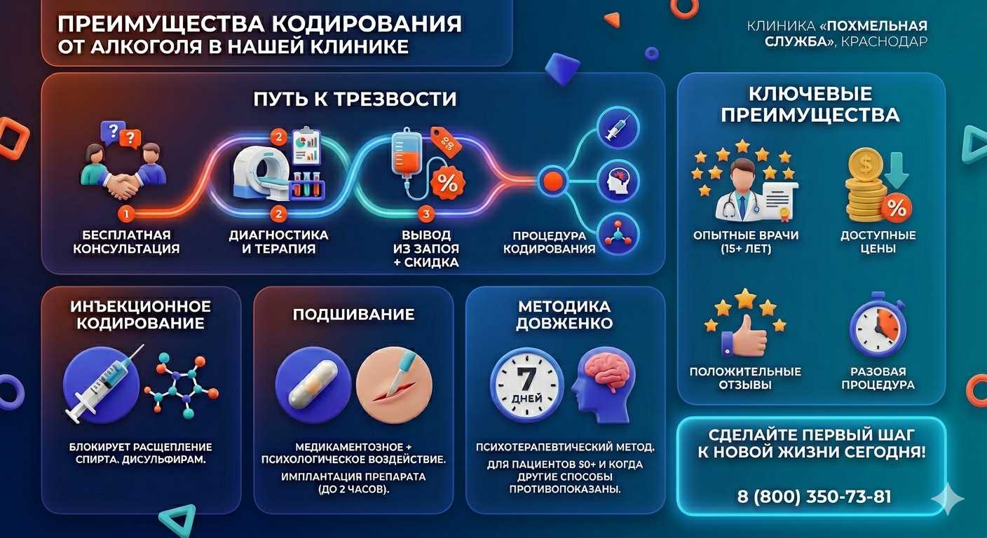 Инфографика о методах кодирования от алкоголя в Кормиловке: инъекции, подшивание, метод Довженко. Преимущества клиники и этапы лечения.