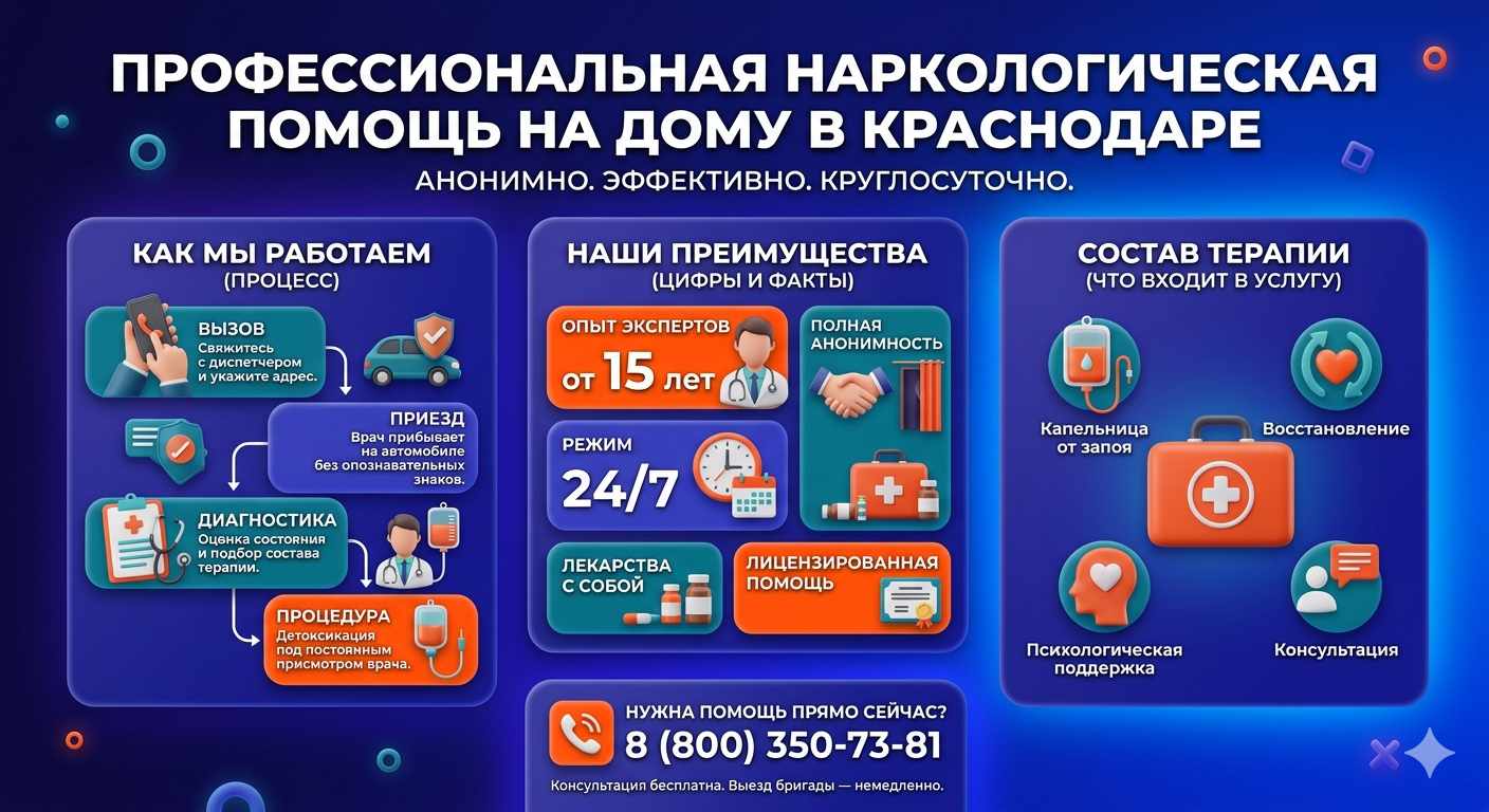 Инфографика о принципах лечения алкоголизма на дому в Кормиловке: этапы вызова нарколога, преимущества анонимной детоксикации и состав медицинской помощи.